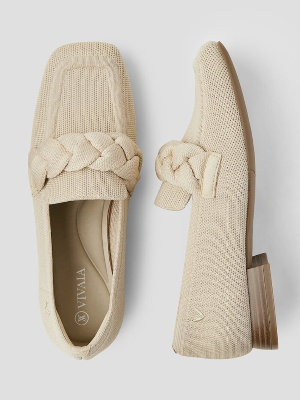 Square-Toe Knit Loafers in Beige